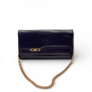 Gucci Vintage Navy Leather Chain Shoulder Bag Gold Hardware